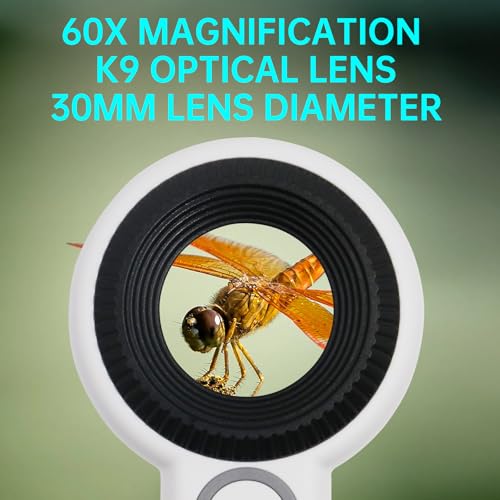 Handheld Magnifier 60X with UV&LED Lights Jeweler Loups Magnifying Glass with 30mm Optical Lens, Touch Light Control, Battery LED Indicator, Rechargeable Loupe Magnifier for Gemstones Watches Plants - size: 60X with Touch Light