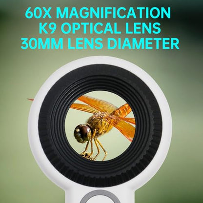 Handheld Magnifier 60X with UV&LED Lights Jeweler Loups Magnifying Glass with 30mm Optical Lens, Touch Light Control, Battery LED Indicator, Rechargeable Loupe Magnifier for Gemstones Watches Plants - size: 60X with Touch Light