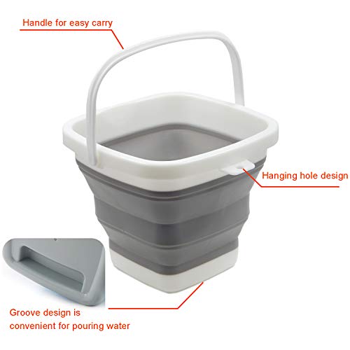 TOSSOW Premium Collapsible Plastic Bucket 5L (1.32 Gallon) Ice Buckets Soft Waterpot Mini Square Tub, Space Saving Bucket for Car Wash,Outdoor Fishing, Food Jug, Dog Bowls (Grey) - size: 5L