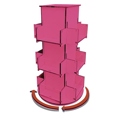 Rotating Display Stand, 3 Tier Wooden Organizer, 4-Sided Display Rack, 360 degree Spinning Multi-Pocket Tabletop Display Stand for Coasters, Stickers, Retail, Showcase, Tradeshow, 17”H, Pink - style: PINK