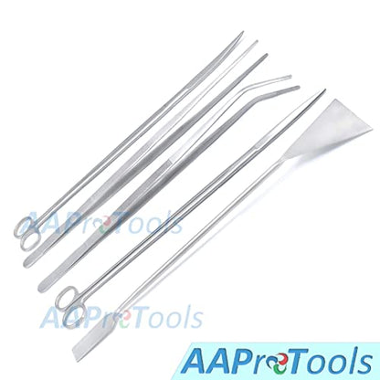 Fish Aquarium Cleaner 5 Pcs Set 18" Kelly Scissors, Tweeezers and Sand Flattener Extra Long Handle Stainless Steel Instruments
