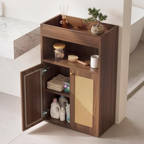 37.5" Narrow Bathroom Storage Cabinet with Rattan Doors, Walnut | Narrow 37.5",Adjustable shelf,Bathroom Organizer,High density MDF rattan doors, Top guardrail shelf, Easy assembly - color: Walnut, size: A