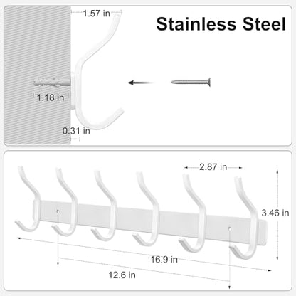 17 Inch Coat Rack Wall Mount with 6 Hooks, 2 Pack White Wall Hooks - color: White, size: 6 Hooks 2 Pieces
