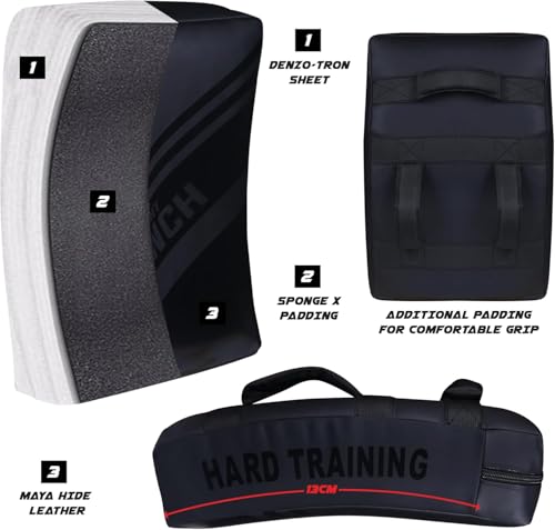 Muay Thai Kick Shield, Leather Kick Pad with Curved Shape & Thick Padding for MMA, Boxing & Martial Arts Training - color: Black