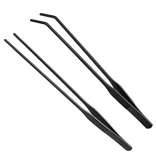 2PCS Aquarium Tweezers Stainless Steel Straight and Curved Tweezers Set Long Handle Reptile Feeding Tongs for Aquatic Plants Lizards Spider Snakes Garden Repairing - 10.6inch, Black