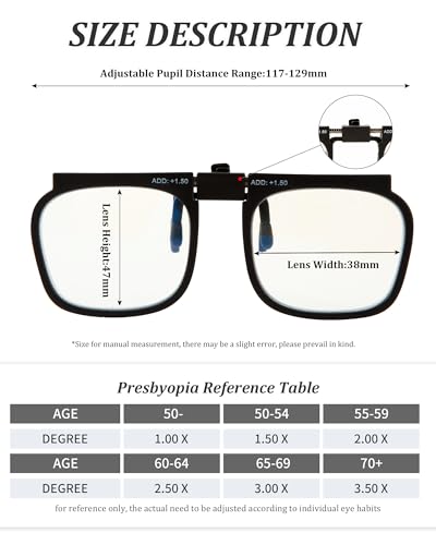 Reading Glasses Clip On Eyeglasses Adjustable PD Magnifiers Blue Light Blocking Lenses Readers for unisex - color: Black