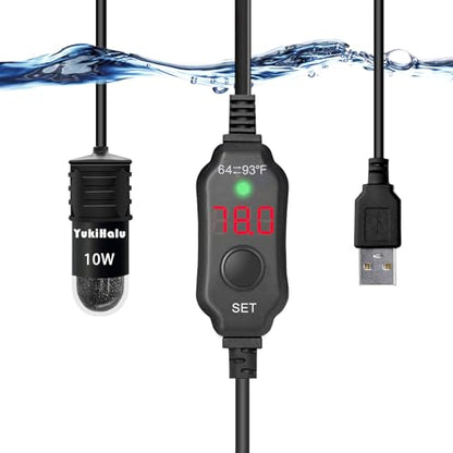 YukiHalu USB Powered Aquarium Heater, 10W Adjustable Mini Fish Tank Heater with External Temperature Controller, LED Display, Used for 0.5-1 Gallon Tank (10W USB)