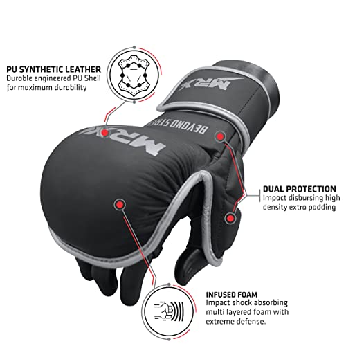 MRX MMA Professional Protective Grappling Gloves 7oz Muay Thai Training Kickboxing Punching Sparring Sports Cage Fighting Combat Glove Boxing Punching Glove Mitts - color: Black Silver, size: Large-X-Large