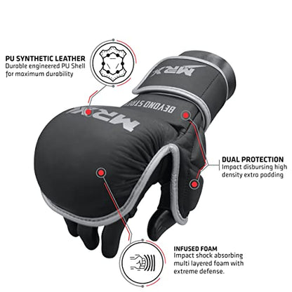 MRX MMA Professional Protective Grappling Gloves 7oz Muay Thai Training Kickboxing Punching Sparring Sports Cage Fighting Combat Glove Boxing Punching Glove Mitts - color: Black Silver, size: Large-X-Large