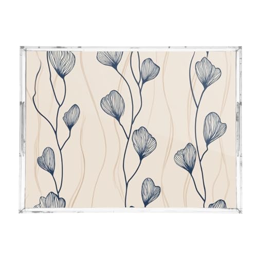 Acrylic Tray Clear Serving Vanity Ottoman Bathroom Coffee Table Countertop Organizer Raised Edge Spill Proof Beige Blue Minimalist Flower - color: Beige Blue Minimalist Flower