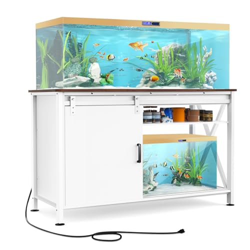Aquarium Stand for Fish Tank: 55-75 Gallon Fish Tank Stand with Sliding Door - Heavy Duty Metal Aquarium Table with Power Outlet - 2-Tier Breeder Reptile Terrarium Stand for Home & Office(White)