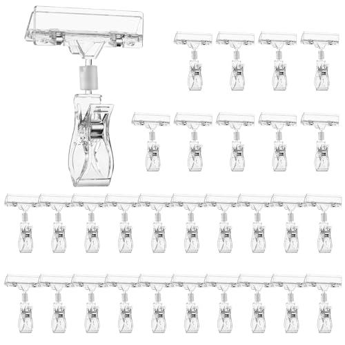 30 PCS Clear Sign Clips for Merchandise Display, Plastic Retail Double Sided Sign Holder Clips, Acrylic Price Tag Sign Holders on Clothing Rack, Rotatable Pop Clamps for Sale Retail Display