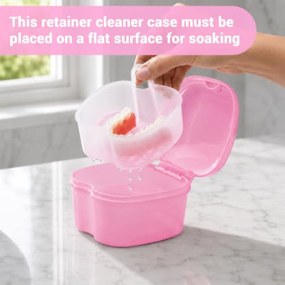 Dental Orthodontic Retainer Container Cleaning Case,Denture Bath Box Case Cup Holder, Mouthguard Storage Soaking Case - Pink - color: Transparent Pink