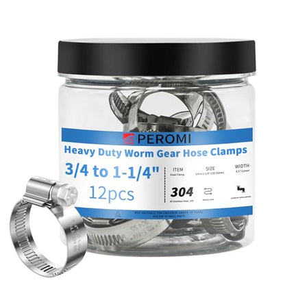 12PCS Adjustable Hose Clamps, 304 Stainless Steel Worm Gear, 3/4" to 1-1/4"(20-32mm), Rolled Edge No Perforations, Heavy Duty Reusable Pipe Clamp for Home, Auto, Piping, Marine, Industrial - size: 3/4" hose clamp to 1-1/4" hose clamp