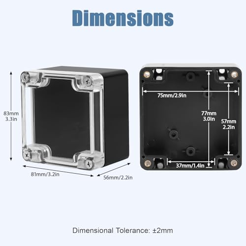 Junction Box with Clear Cover IP65 Waterproof Project Box Dustproof ABS Plastic Electrical Project Boxes Universal Enclosure, Black 3.2"x 3.1"x 2.2"(83x81x56mm)(Pack of 2)