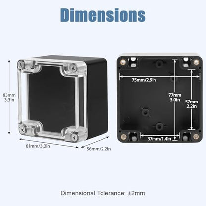 Junction Box with Clear Cover IP65 Waterproof Project Box Dustproof ABS Plastic Electrical Project Boxes Universal Enclosure, Black 3.2"x 3.1"x 2.2"(83x81x56mm)(Pack of 2)