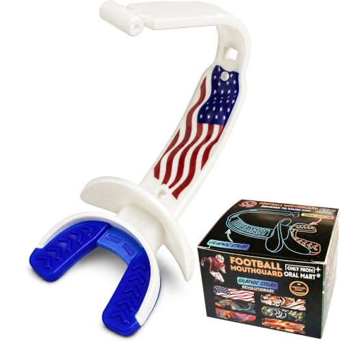 ORAL MART 2026 Youth Football Mouthpiece for Kids - Football Pacifier Mouth Guard with Graphic Permanent Strap (Dual-Color) - Lip Guard Mouth Guard (for Braces) - Instant Fit (No Boil) - color: American Flag