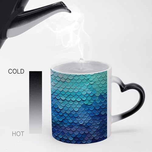 Blue Fish Scale Color Changing Mug Heat Sensitive Coffee Mug Magical Ceramic Coffee Cup Personalized Tea Cup Message Appears As It Heats Novelty Gift for Family Friend