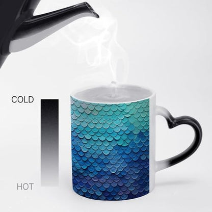 Blue Fish Scale Color Changing Mug Heat Sensitive Coffee Mug Magical Ceramic Coffee Cup Personalized Tea Cup Message Appears As It Heats Novelty Gift for Family Friend