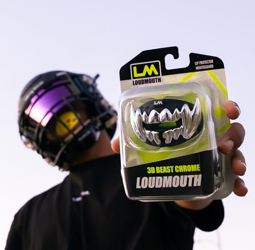 Loudmouth Football Mouth Guard for Youth & Adult - 3D Chrome Beast Silver Teeth Mouthpiece with Strap, No-Boil Braces-Friendly Sports Mouthguard (Chrome Black/Silver) - color: 3d Beast - Chrome Black/Silver