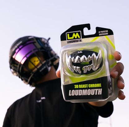 Loudmouth Football Mouth Guard for Youth & Adult - 3D Chrome Beast Silver Teeth Mouthpiece with Strap, No-Boil Braces-Friendly Sports Mouthguard (Chrome Black/Silver) - color: 3d Beast - Chrome Black/Silver