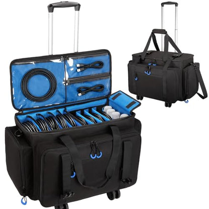 Large Rolling Dj Cable Bag with Detachable Dividers, Bottom Pad - color: Blue, style: Rolling Dj Cable Bag