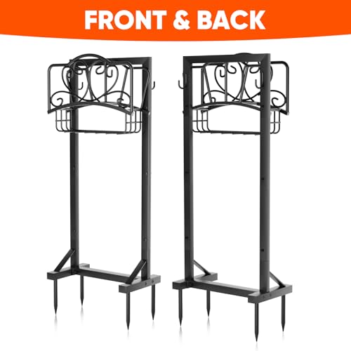 Stable Garden Hose Holder with Storage Basket and Tool Hooks, Heavy-Duty Garden Hose Storage Metal Hose Hanger Holds 160Ft, Rustproof Freestanding Water Hose Holder for Outside,Yard,Lawn,Farm - color: Black