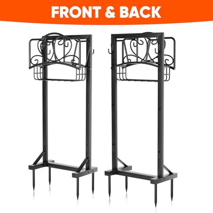 Stable Garden Hose Holder with Storage Basket and Tool Hooks, Heavy-Duty Garden Hose Storage Metal Hose Hanger Holds 160Ft, Rustproof Freestanding Water Hose Holder for Outside,Yard,Lawn,Farm - color: Black