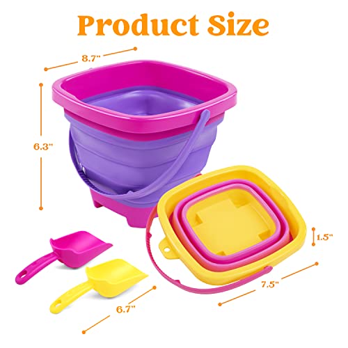 Sloosh 3 Packs Foldable Bucket - Collapsible Bucket with Sand Shovels and Mesh Backpack for Kids Toddlers Beach Toys, Easter Egg Hunt, Camping, Travelling and Fishing Water Pail (Pink/Purple/Green)