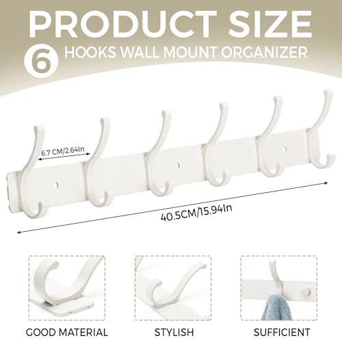 Wall Mount Coat Rack 1 Pack, White Coat Hooks Hanger with 6 Double Hooks - color: White, size: 1 Pack(6 hooks)