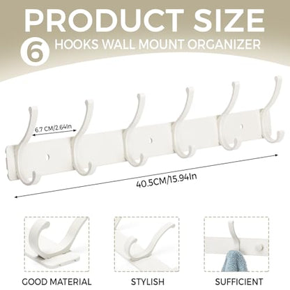 Wall Mount Coat Rack 1 Pack, White Coat Hooks Hanger with 6 Double Hooks - color: White, size: 1 Pack(6 hooks)