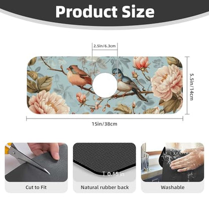 Faucet Draining Mat For Kitchen Sink, Blue Birds Peonies Flowers Diatom Mud Absorbent Drain Pad For Bathroom Kitchen Sink Splash Guard Drying Mat - color: Blue Birds Peonies Flowers