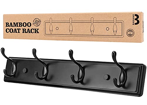 Badiano Heavy Duty Wooden Coat Rack, Wall-Mounted Organizer, 19 Inch, Black - color: Black, size: 4 Hooks