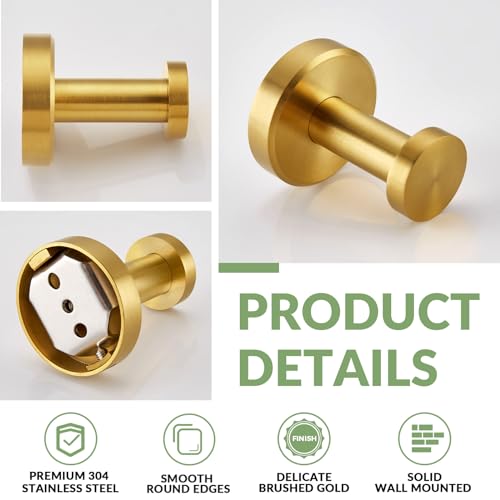 APLusee Brushed Gold Robe Towel Hooks for Bathroom, 2 Pack, Wall Mounted - color: Brushed Gold, size: 2 Pack