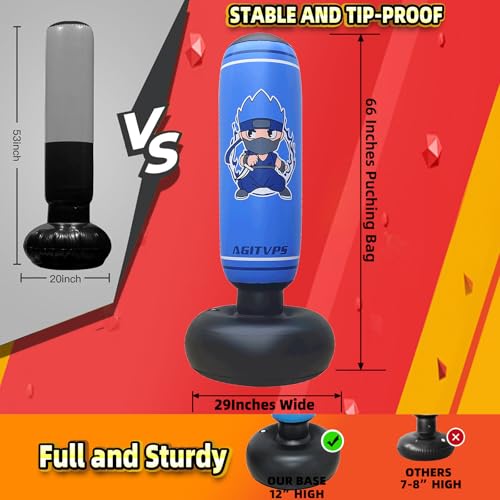 Inflatable Punching Bag Set, 66" Punching Bag for Boys & Girls Aged 8-12 with Kids Boxing Gloves, Super Air Pump | Suitable for Children's Daily Exercise, Happy Family Time - color: Vivid Blue
