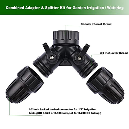 1/2 Inch Drip Irrigation Hose to Faucet Adapter for Drip Irrigation Tubing (.520" ID,.600" – .650" OD), 2 Way Y Water Splitter Connector for 3/4" Inch Garden Hose Spigot Faucet Bib - size: 1/2" Y Hose Splitter