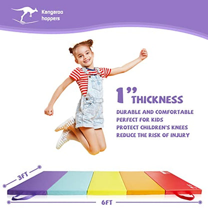 Kangaroo Hoppers Gymnastics Tumbling Mats Foldable Gym Tumble Mat for Kids - color: Rainbow, size: 3×6FT×1''