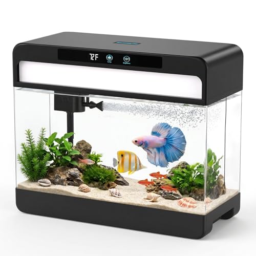 Fish Tank Starter Kit, 3 Gallon Smart Aquarium for Beta, 3-in-1 Silent Water Pump with Filteration & Circulation & Oxygenation, Temperature Display, 7 Colors LED Lights (Black)
