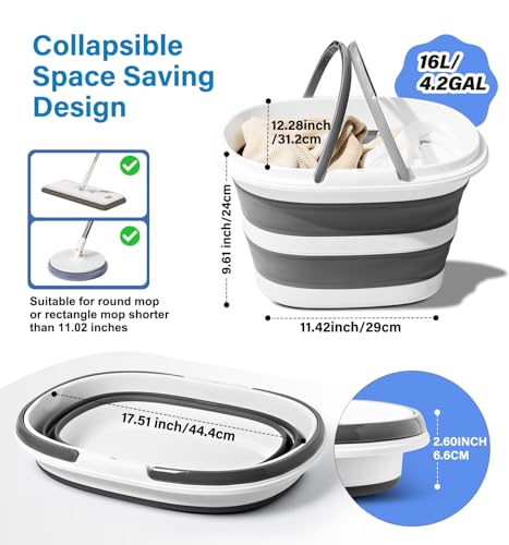 Collapsible Bucket 16L with Handles, Foldable Silicone Mop Bucket Space Saving Tub for Laundry, Camping, Beach & Pool Party Ice Bucket, Portable Wash Basin for Home, Car & Outdoor, 4.2 Gallon