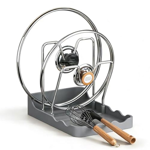 Pot Lid Rack, Cutting Board & Utensil Holder Black | Space-saving rust-proof steel storage holds lids, boards, spoons and chopsticks