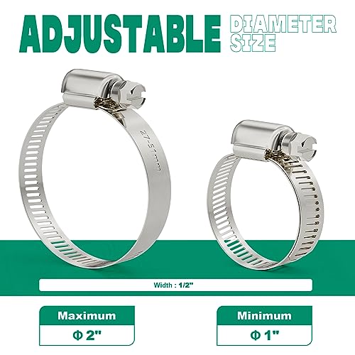 10PCS Hose Clamps Stainless Steel Adjustable 1"–2"(27-51mm) Worm Gear Hose Clamp, Heavy Duty Metal Small Hose Clamps for Automotive, Pipe, Radiator Plumbing, Fuel Line