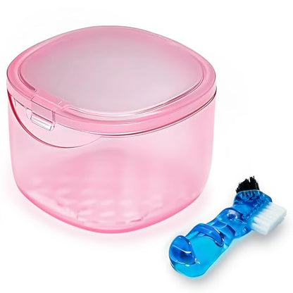 Travel Denture Case Denture Soaking Container with Brush, Denture Cleaning Case Retainer Bath Box Case False Teeth Container - Leak Proof & Lid Waterproof - Transparent Pink - color: Transparent Pink
