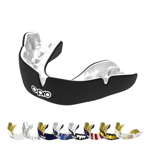 OPRO Instant Custom-Fit Mouthguard – Dentist Level Gum Shield Adult and Kids – OPRO Mouth Guard Boxing and MMA, Self-Fit Gum Shield Rugby – Maximum Protection with Dental Warranty (Black/White) - color: Black/White, size: Adult (10+)