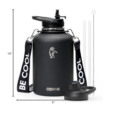 Coolflask Half Gallon Water Bottle Insulated Stainless Steel with Strap - color: Magic Black, size: 64 Ounces