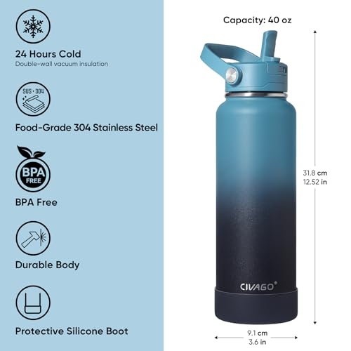 CIVAGO 40 oz Insulated Stainless Steel Water Bottle with Removable Straw | Large Leakproof Metal Water Jug, Sports Thermal Flask Cup with Bucket Handle, Silicone Boot, Dishwasher Safe, BPA-Free, Navy - color: .Navy, size: 40 Ounces
