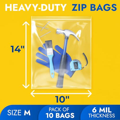 10" x 14" Reclosable Plastic Zip Bags, Pack of 10, 6 Mil Heavy-Duty Clear Poly Bags, Resealable for Food, Clothes, Hardware, Jewelry - size: 10"W x 14"H