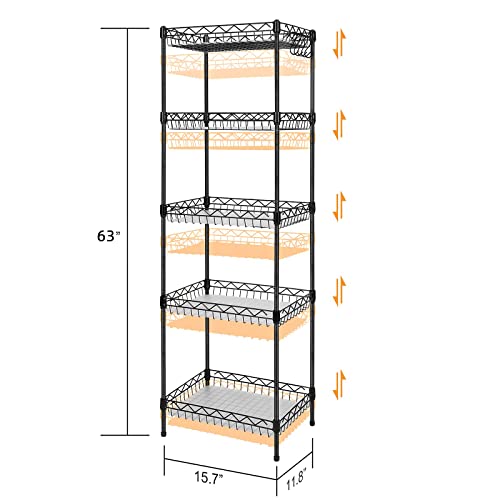 Storage Shelves, 5-Tier Wire Shelving Unit with Baskets Storage Rack Corner Shelf Shelving Adjustable Storage Shelf, 11.8" D x 15.7" W x 63" H, Black