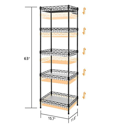 Storage Shelves, 5-Tier Wire Shelving Unit with Baskets Storage Rack Corner Shelf Shelving Adjustable Storage Shelf, 11.8" D x 15.7" W x 63" H, Black - size: 5-Black Net basket rack
