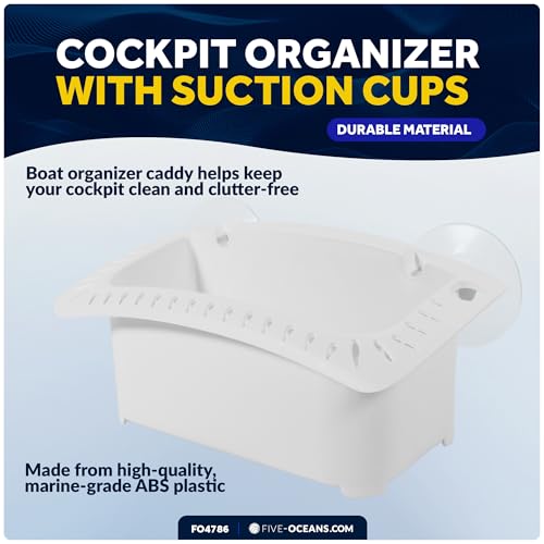 Five Oceans Boat Caddy Organizer, Suction Cups Mount, White ABS - Storage with Drainage, Knife, Plier & 26 Lure Holders for Boats, Pontoons, Fishing Boats, Kayaks - FO4786