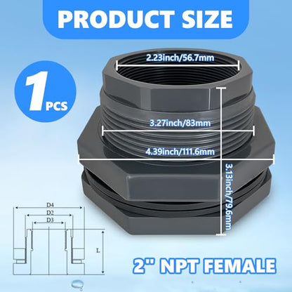 1 Pcs 2 Inch Bulkhead Fitting PVC - Heavy-Duty Plumbing Kit for Water Tank, Aquariums, Rain Barrels & Pools with Reinforced Seals (Female/Internal Thread, Requires 3-1/2" Hole Saw) - size: 2 Inch